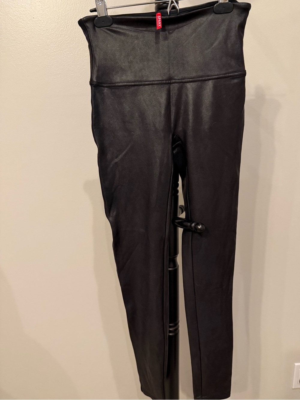 SPANX Black Faux Leather Leggings with Red Brand Tag